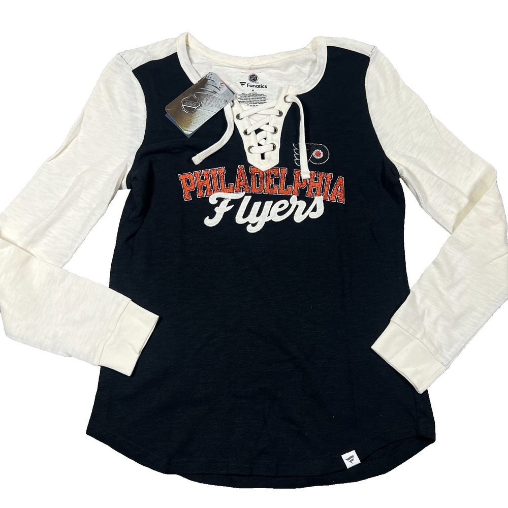 Fanatics Womens Medium Black White Philadelphia Flyers Long‎ Sleeve NHL Tee NWT